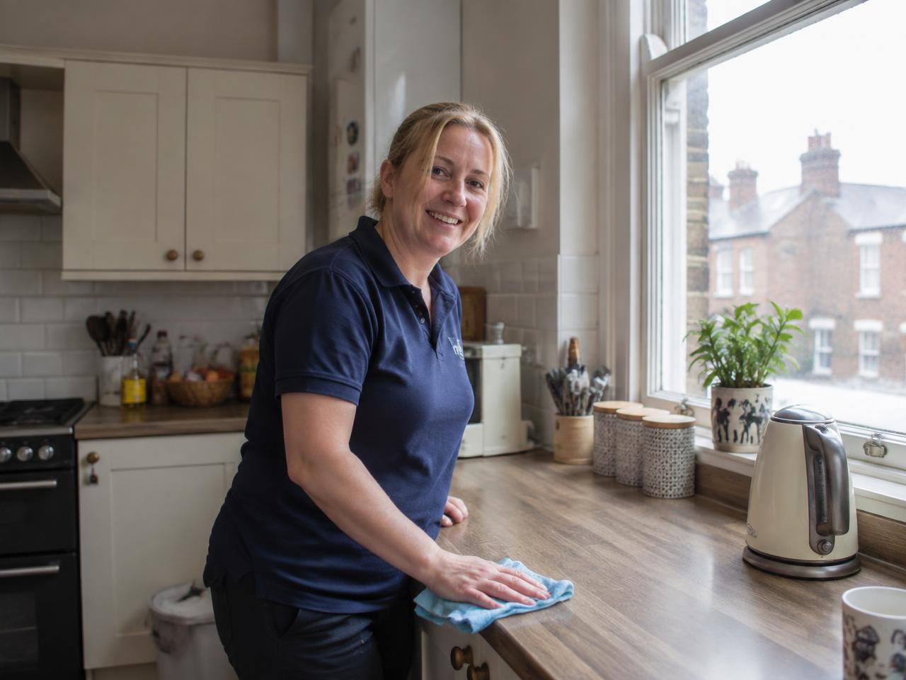Professional cleaner carefully polishing a kitchen counter